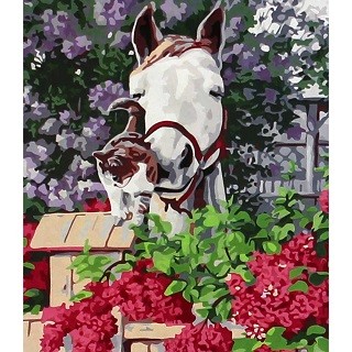 Картина по номерам на холсте 40х50 см Лошадь и кот в цветах Рыжий кот Х-8419