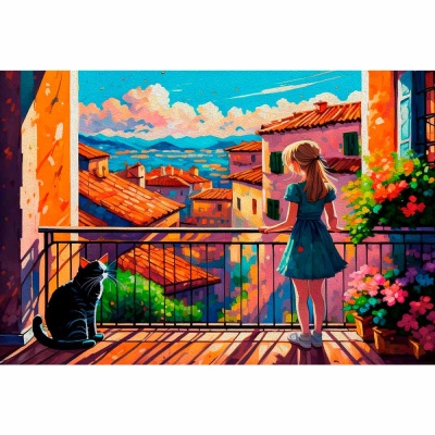 Алмазная мозаика Летний балкон 30х40 см полное заполнение Рыжий кот НД-0340
