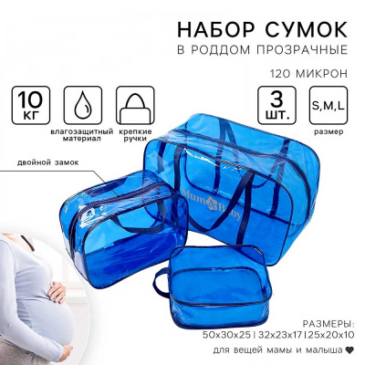 Набор сумок в роддом 3 штуки прозрачные/синие 4927640 2