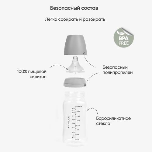 Бутылочка для кормления стеклянная 240 мл Paomma GB215 Light Grey фото 2