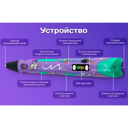 3D ручка с дисплеем работа с пластиком ABS PLA Luazon 9729775 фиолетовая фото 2