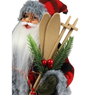 Сувенир Дед Мороз в клетчатой шубе с серым мехом и лыжами 35 см Miland НУ-6271