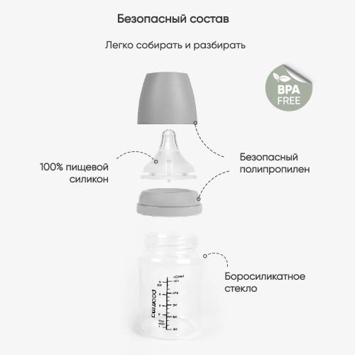 Бутылочка для кормления Антиколиковая с широким горлышком 160 мл. стекло Paomma GB115 Light Grey фото 2