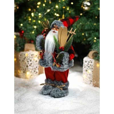 Сувенир Дед Мороз в клетчатой шубе с серым мехом и лыжами 35 см Miland НУ-6271