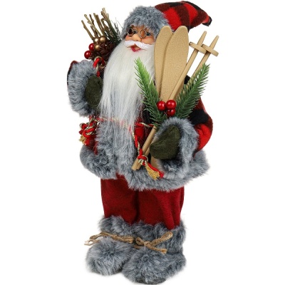 Сувенир Дед Мороз в клетчатой шубе с серым мехом и лыжами 35 см Miland НУ-6271 02