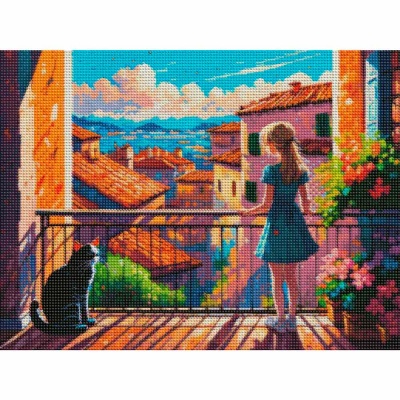Алмазная мозаика Летний балкон 30х40 см полное заполнение Рыжий кот НД-0340