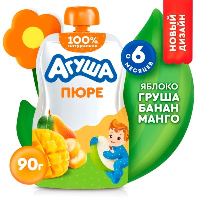 Пюре яблоко банан груша манго 90 г с 6 месяцев Агуша 2