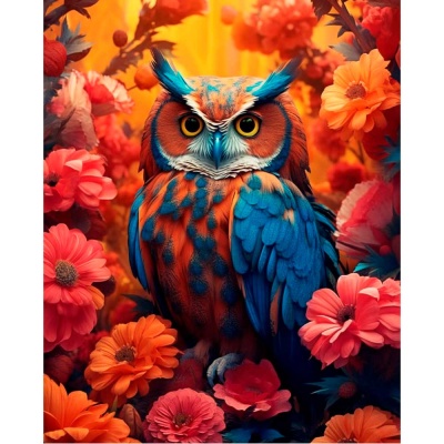 Алмазная мозаика Филин в красных цветах блестящая с частичным заполнением 40х50 см Рыжий кот НД-05 1