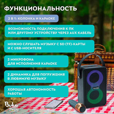 Портативная колонка с двумя микрофонами BukaTech Nika BT0006 чёрная 2