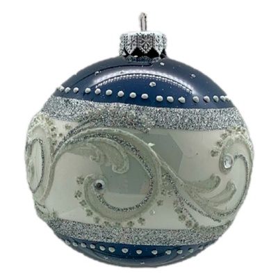 Шар елочный из стекла ручной работы Бело-синяя метель 10 см Наша игрушка 91567  1