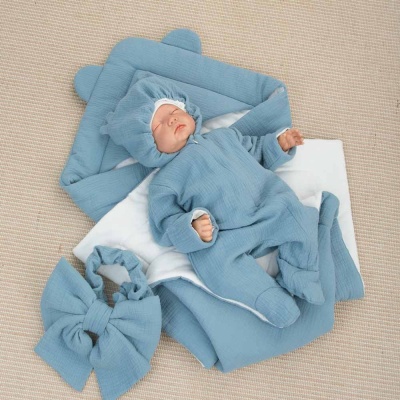 Комплект на выписку 4 предмета Муслин лето KiDi 4.219(Мс)-52/62 серо голубой 2