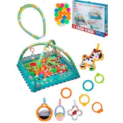 Коврик развивающий Веселые животные 5 подвесных игрушек 18 мячиков РыжийКот  КВ-4732 2