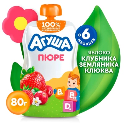 Пюре Яблоко клубника земляника клюква 80 г с 6 месяцев Агуша 3