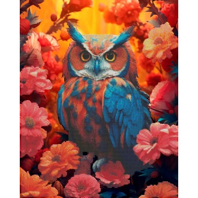 Алмазная мозаика Филин в красных цветах блестящая с частичным заполнением 40х50 см Рыжий кот НД-05 2